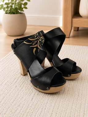 Sergio Rossi Black Leather Platform Sandals Wood Block Heel Studded 36